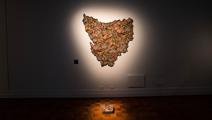 Human Nature and Material Culture 1994 bathroom scales, carpet, wool, oil on tin National Gallery of Australia, Canberra (Image: TMAG)